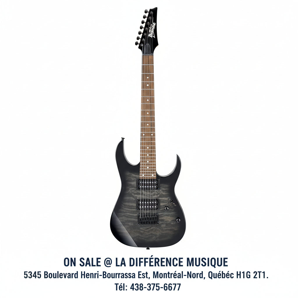 ON SALE - Ibanez GRG7221QATKS Gio Series 7-String Electric Guitar – Transparent Black Sunburst, High-Output Pickups, Fast Neck for Metal & Rock | Best Price Montreal-Nord